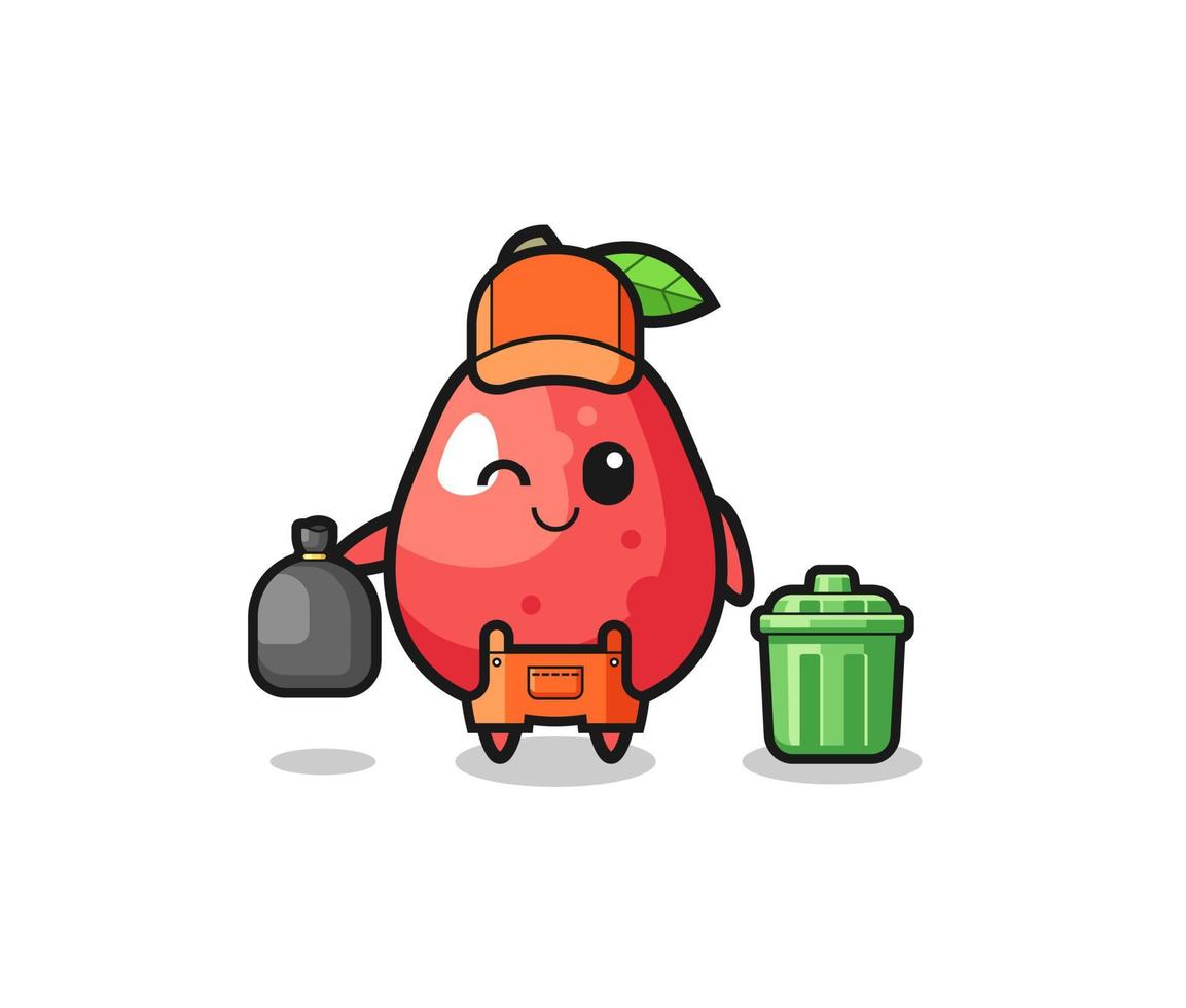 the mascot of cute water apple as garbage collector vector