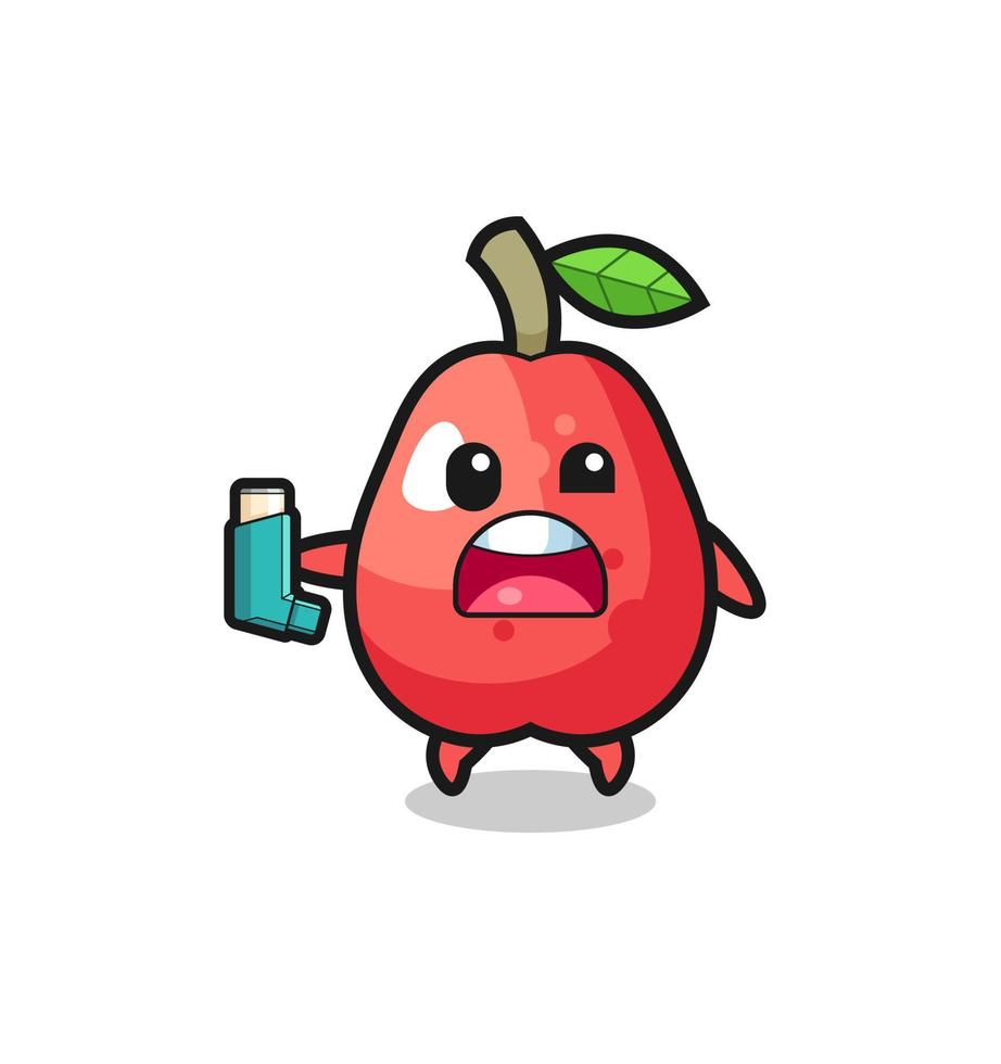 water apple mascot having asthma while holding the inhaler vector
