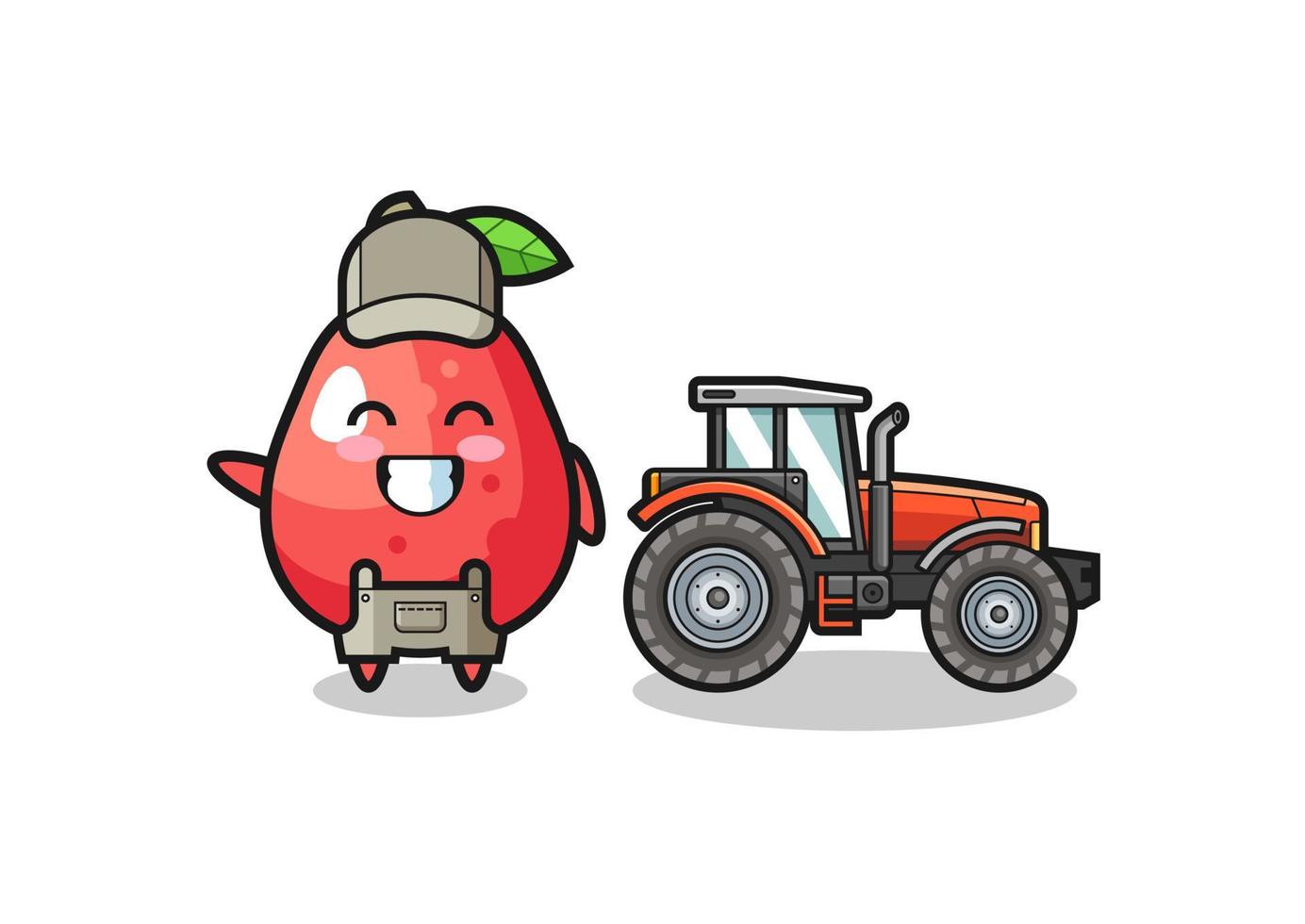 La mascota del granjero de manzanas de agua de pie junto a un tractor vector