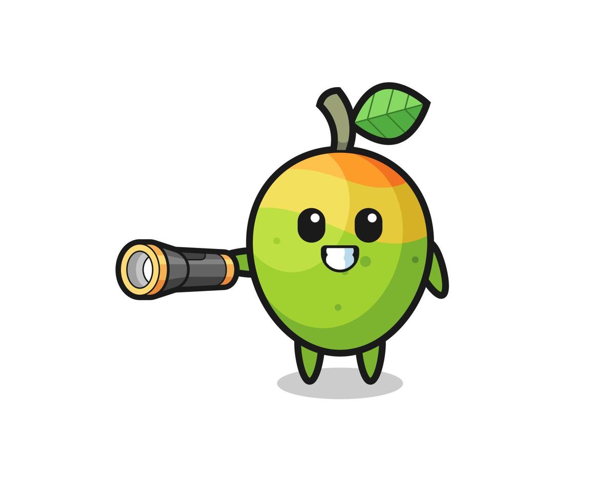 mango mascot holding flashlight vector