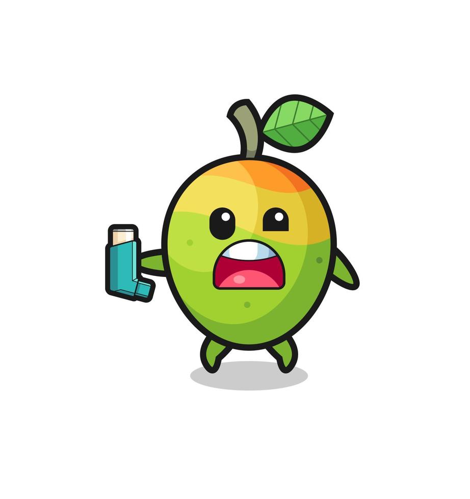 mango mascot having asthma while holding the inhaler vector