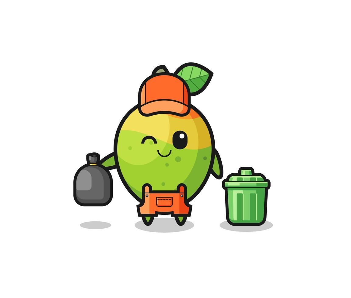 the mascot of cute mango as garbage collector vector