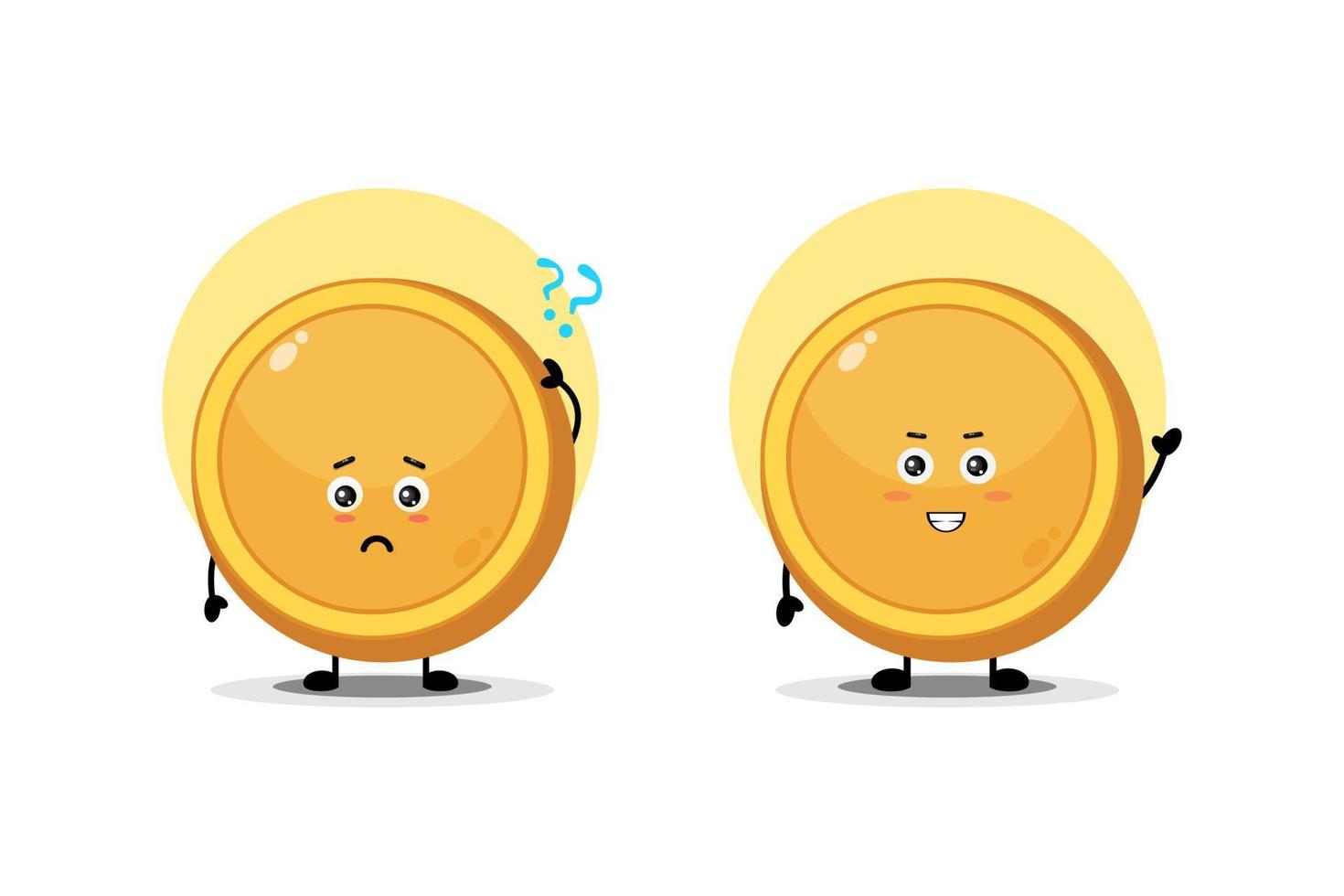 Cute coin character with confused and happy expression vector