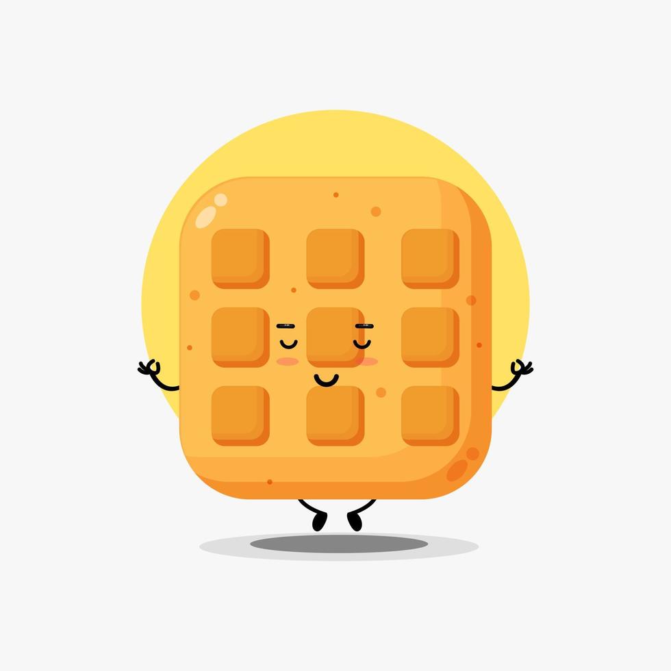 Cute waffle character meditating in yoga pose vector