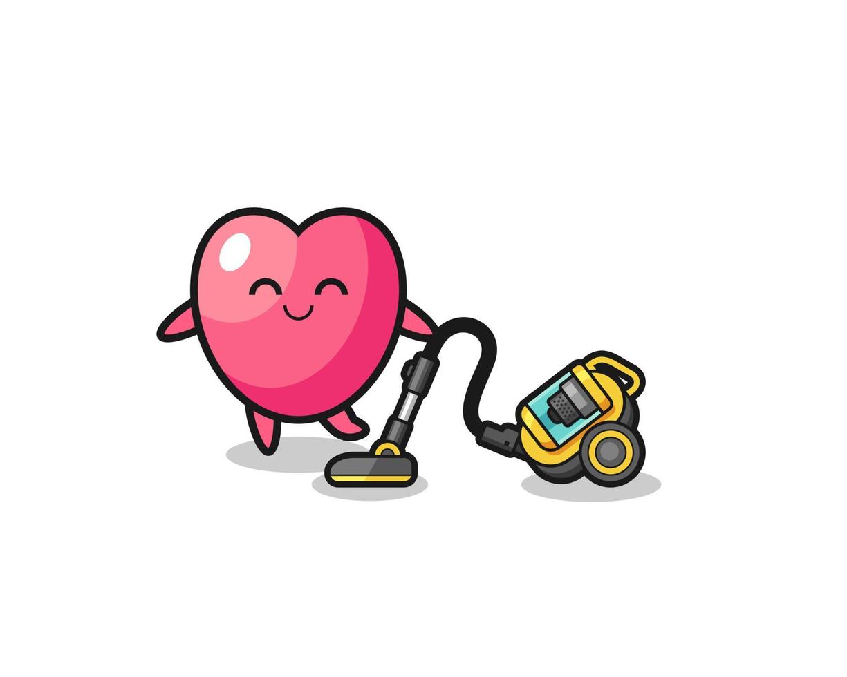 cute heart symbol holding vacuum cleaner illustration vector