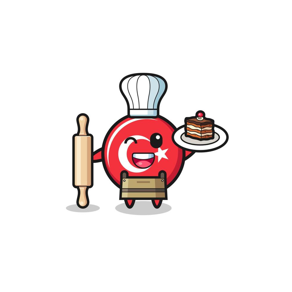 turkey flag as pastry chef mascot hold rolling pin vector
