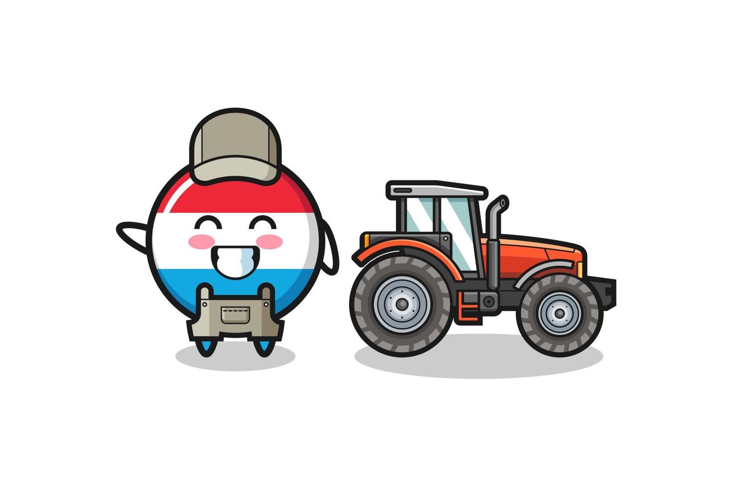 La mascota del granjero de Luxemburgo de pie junto a un tractor. vector