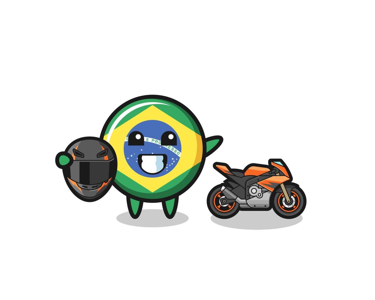Linda caricatura de la bandera de Brasil como piloto de motos vector