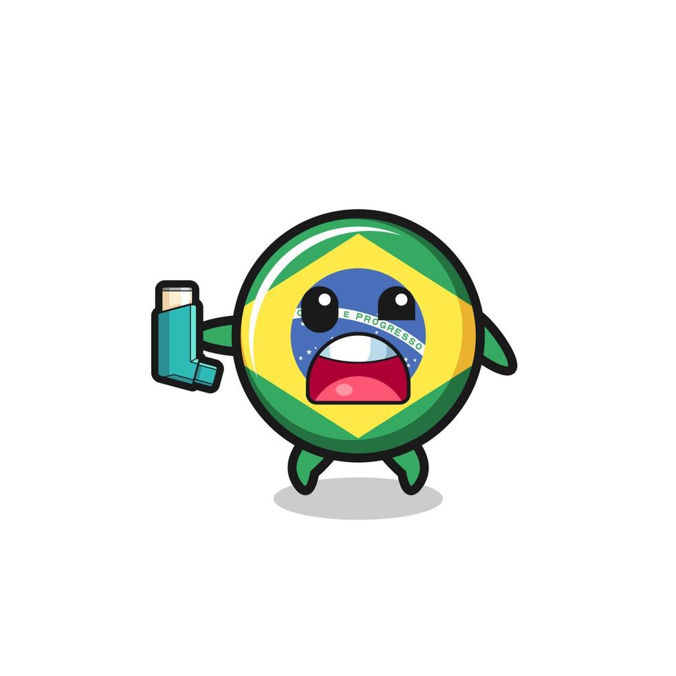 brazil flag mascot having asthma while holding the inhaler vector