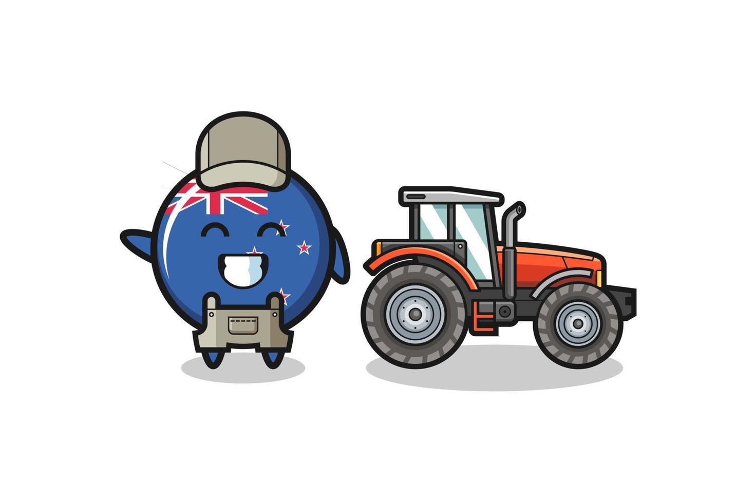 the new zealand farmer mascot standing beside a tractor vector