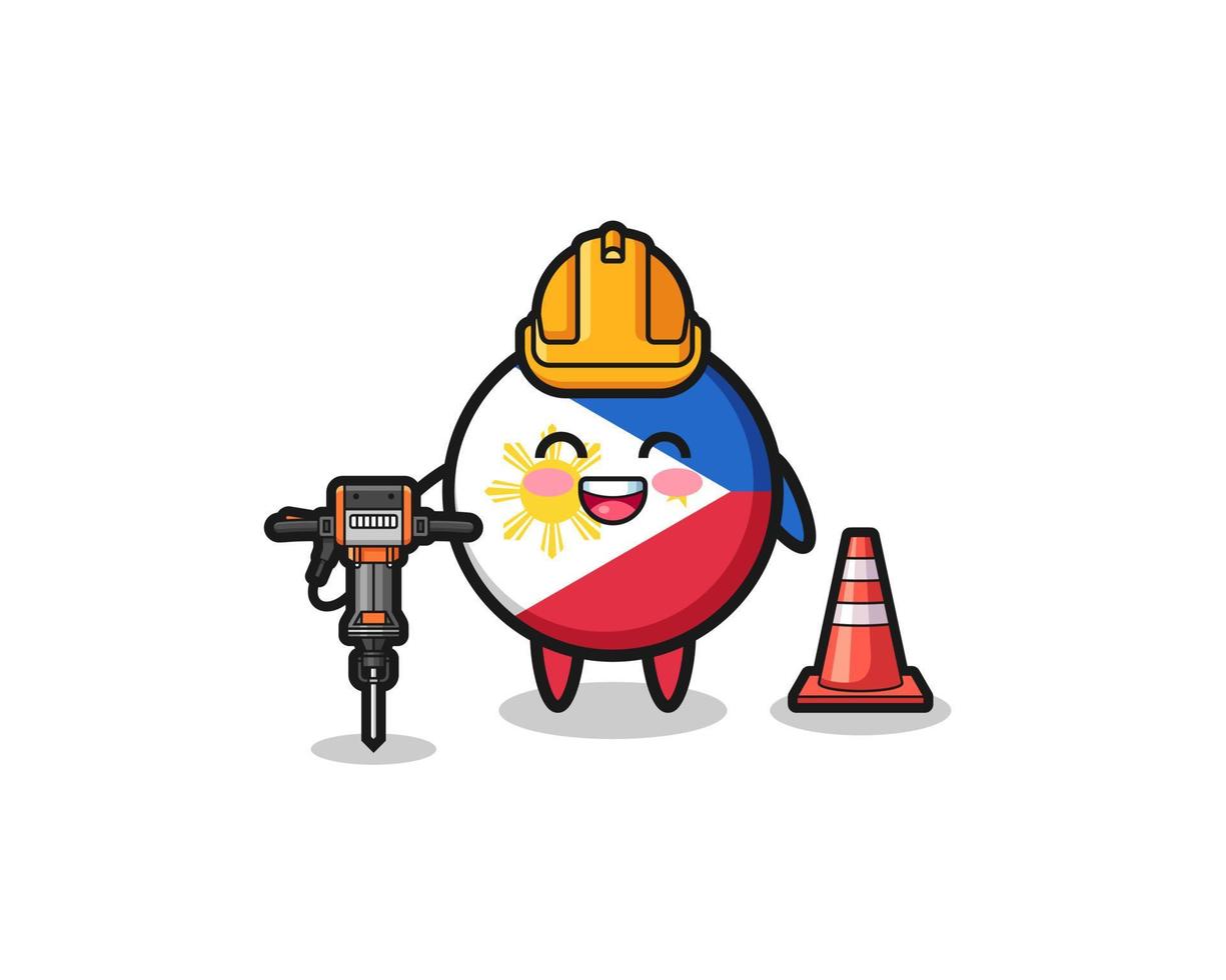 road worker mascot of philippines flag holding drill machine vector