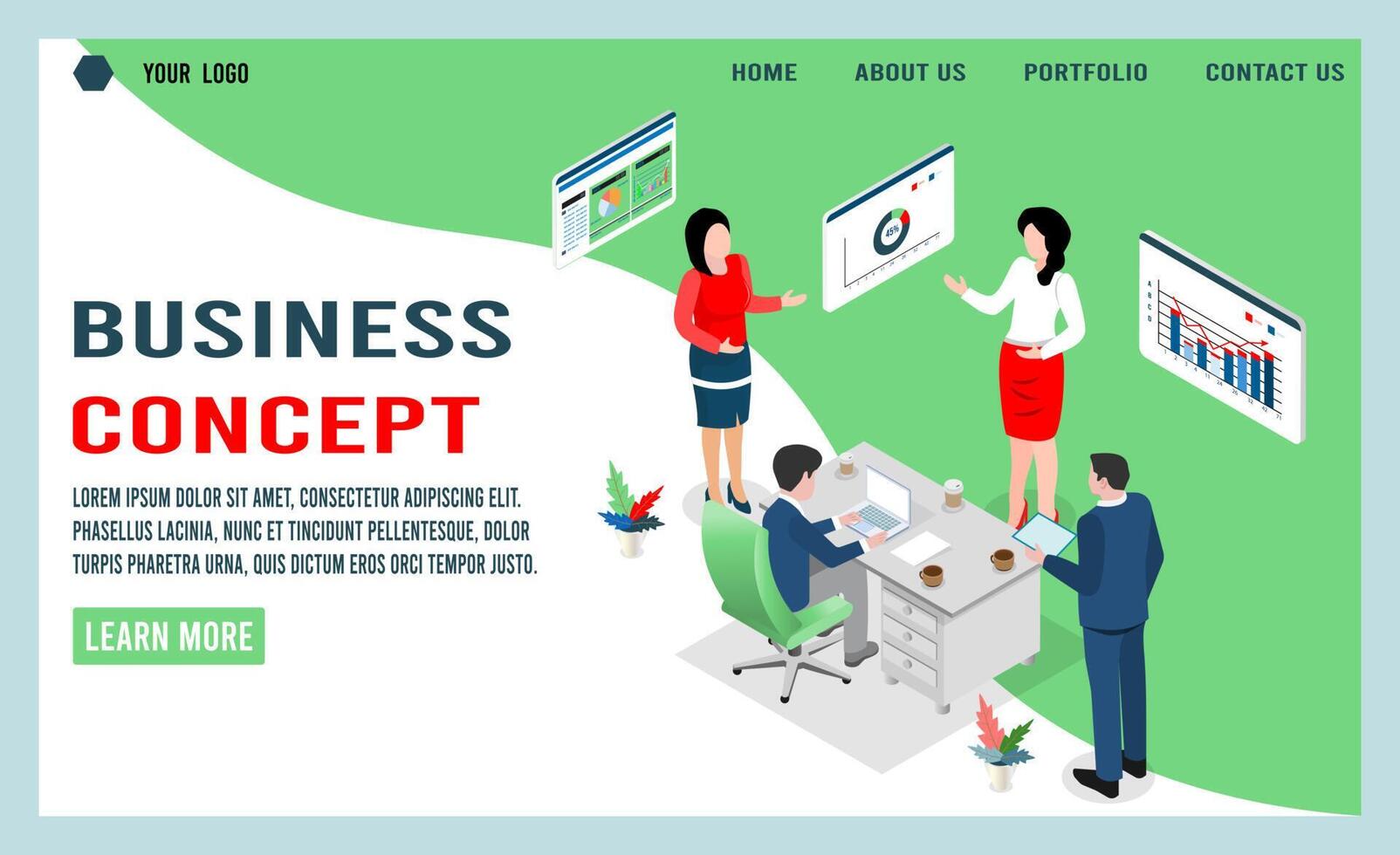 Isometric businesswoman lead and present businesspeople for training business plan and goals. vector