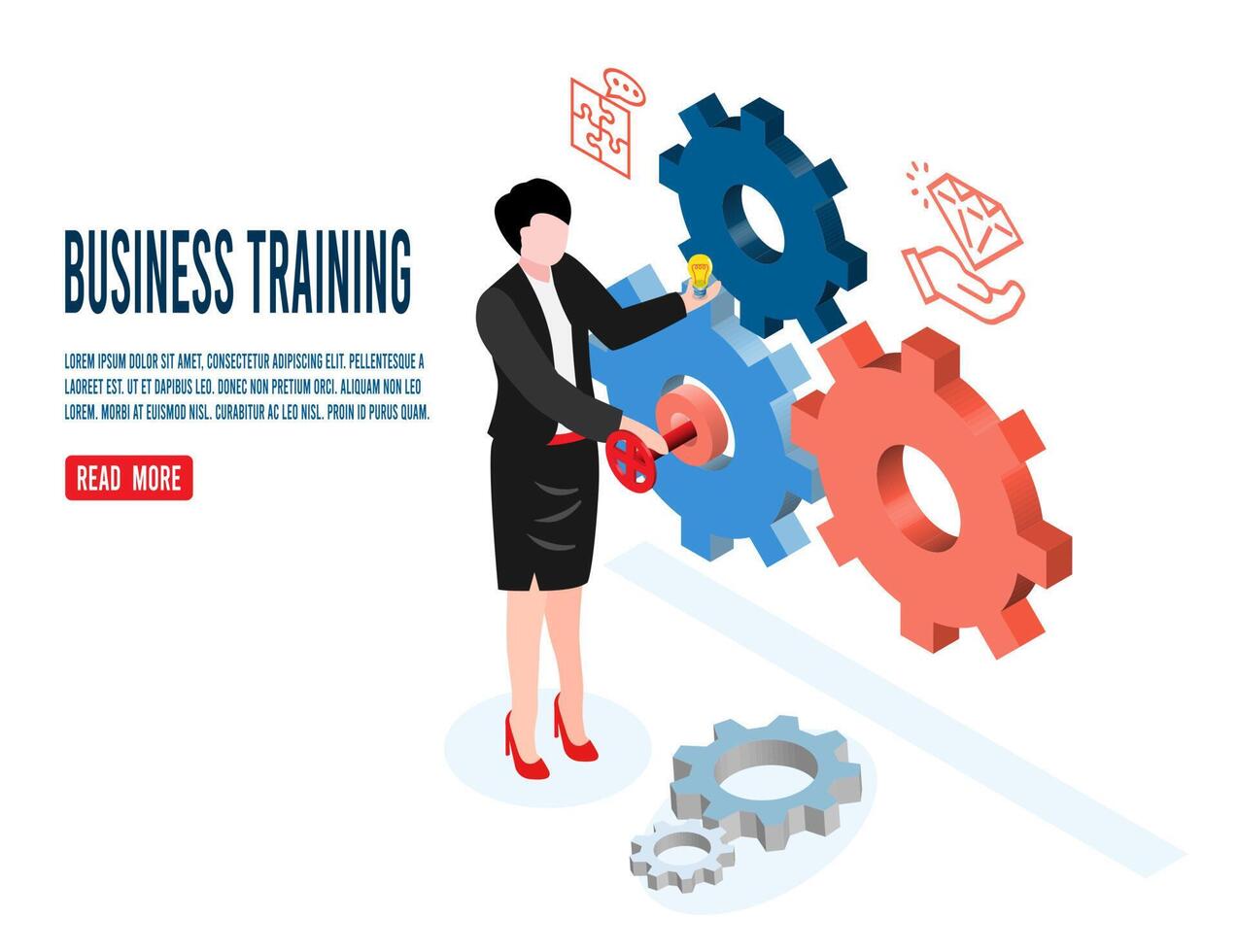 Isometric businesswoman idea and gear control for drive business planning and business goals. vector