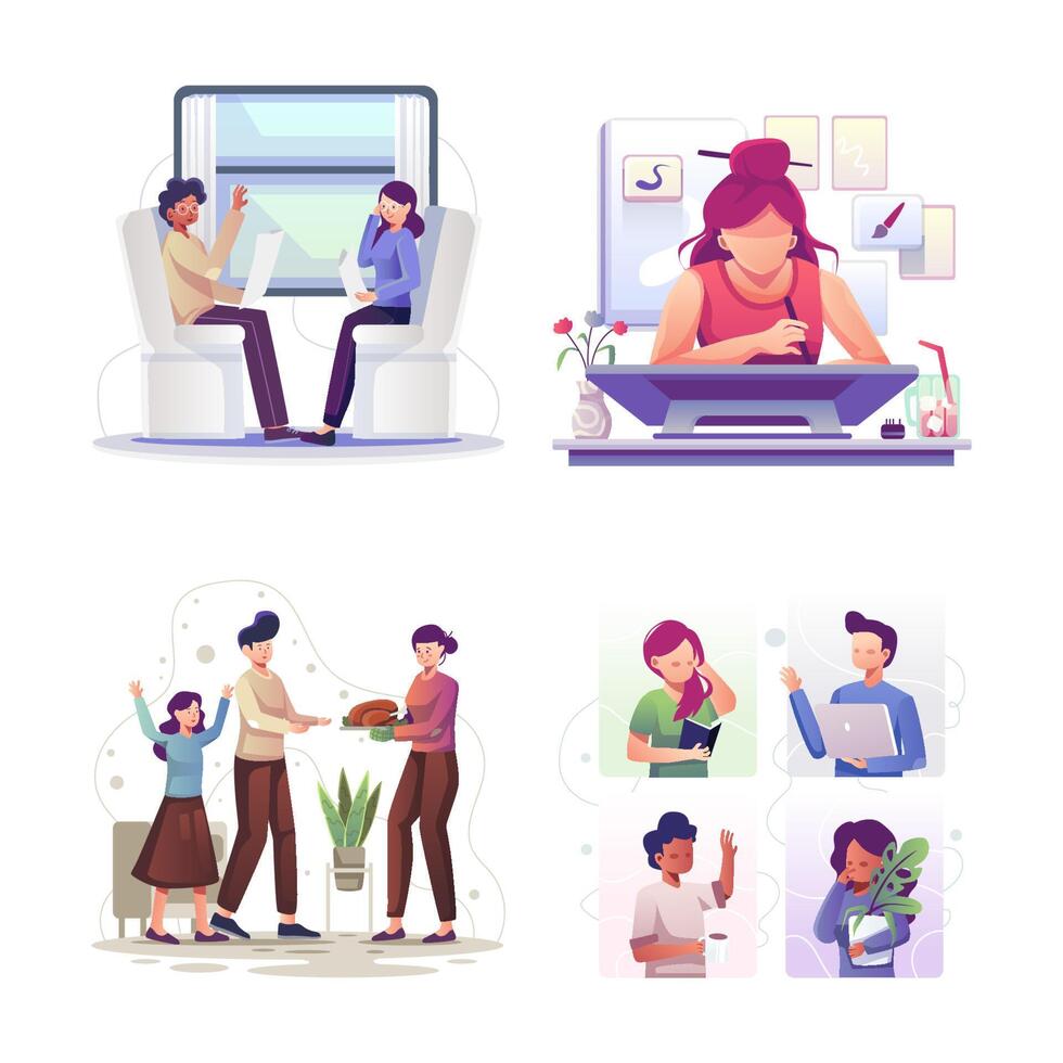 Bundle of people and they work from home and office. Thanksgiving Feast have turkey as food vector