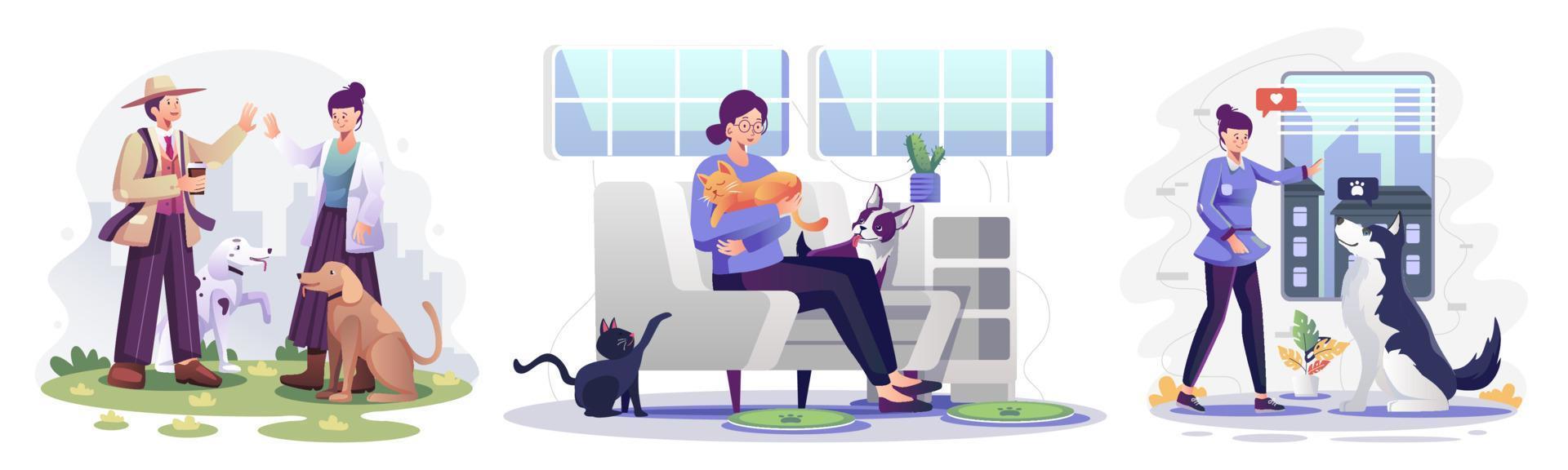 personas y mascotas. gato y perro con personajes de dueños de mascotas de hombre y mujer vector