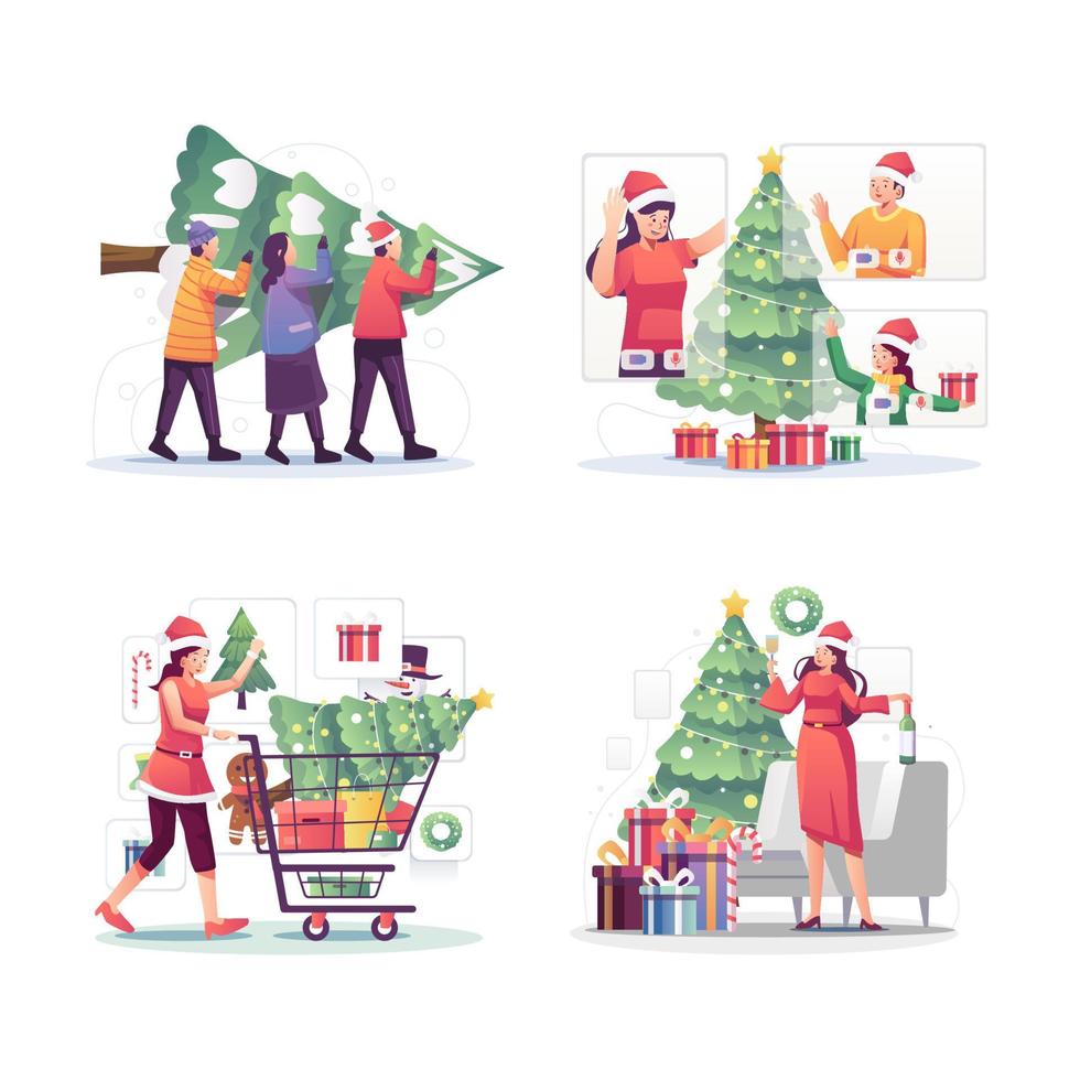 ilustración vectorial familia de navidad de dibujos animados decorando el  árbol de navidad y celebración de año nuevo. 5050241 Vector en Vecteezy