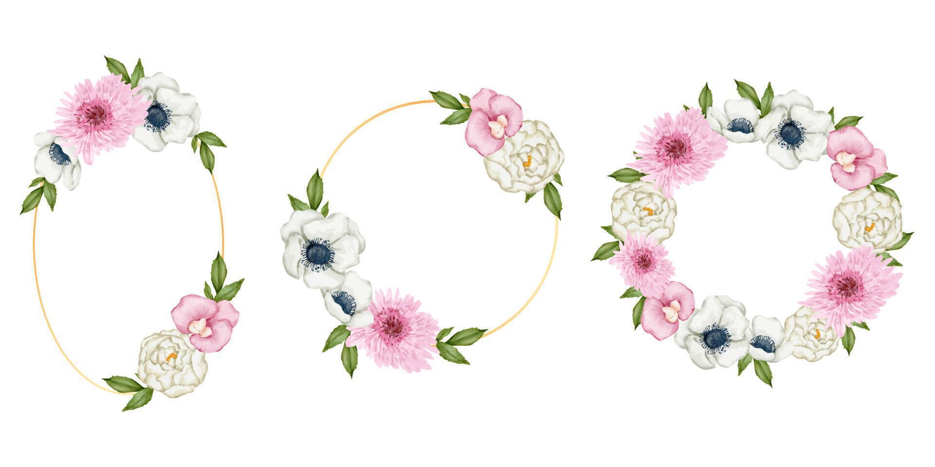 Floral Frame wreaths. Set of botanical frame watercolor bouquet flowers. vector