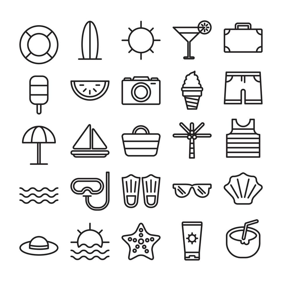 Beach outline icon set vector