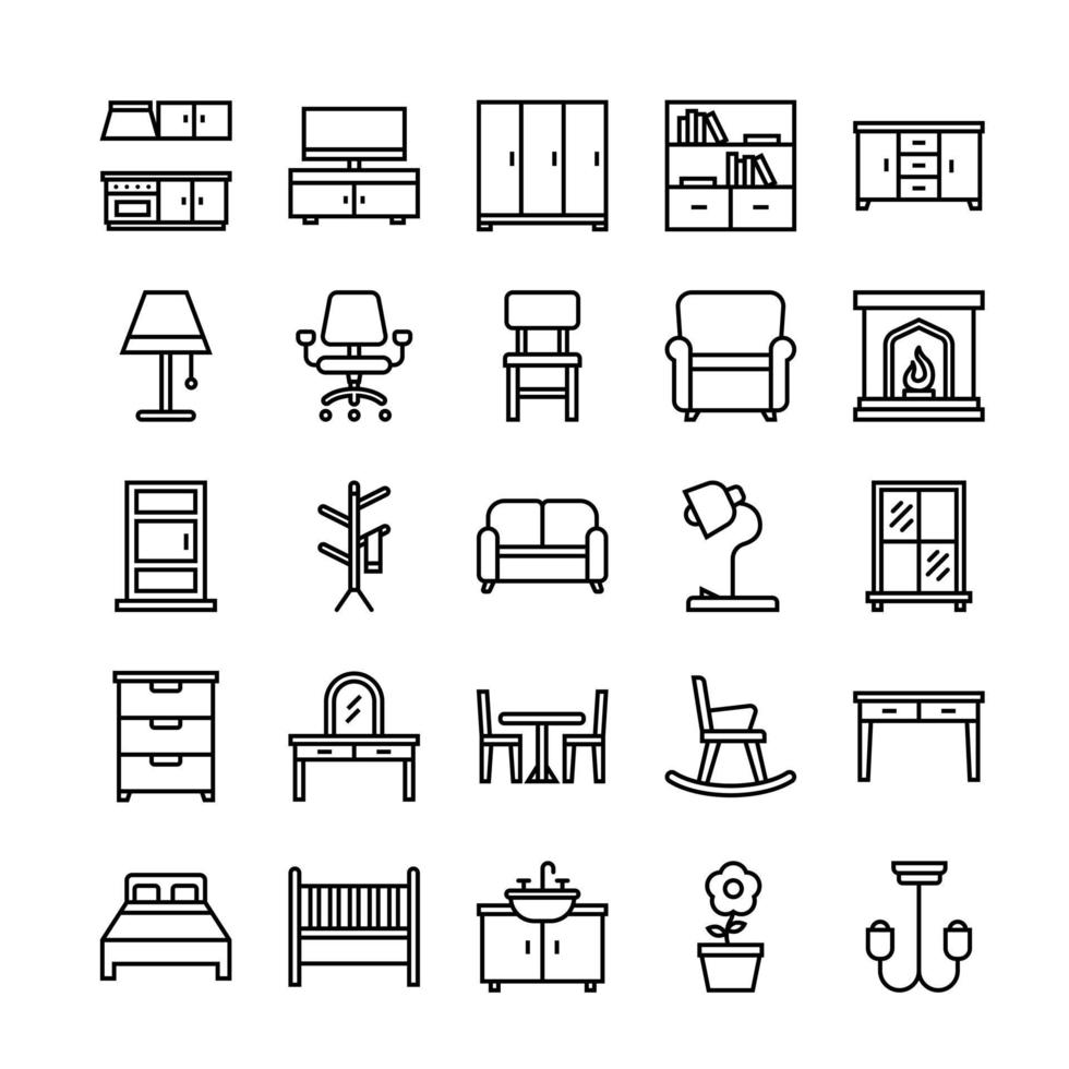 Furniture and home decor outline icon set vector