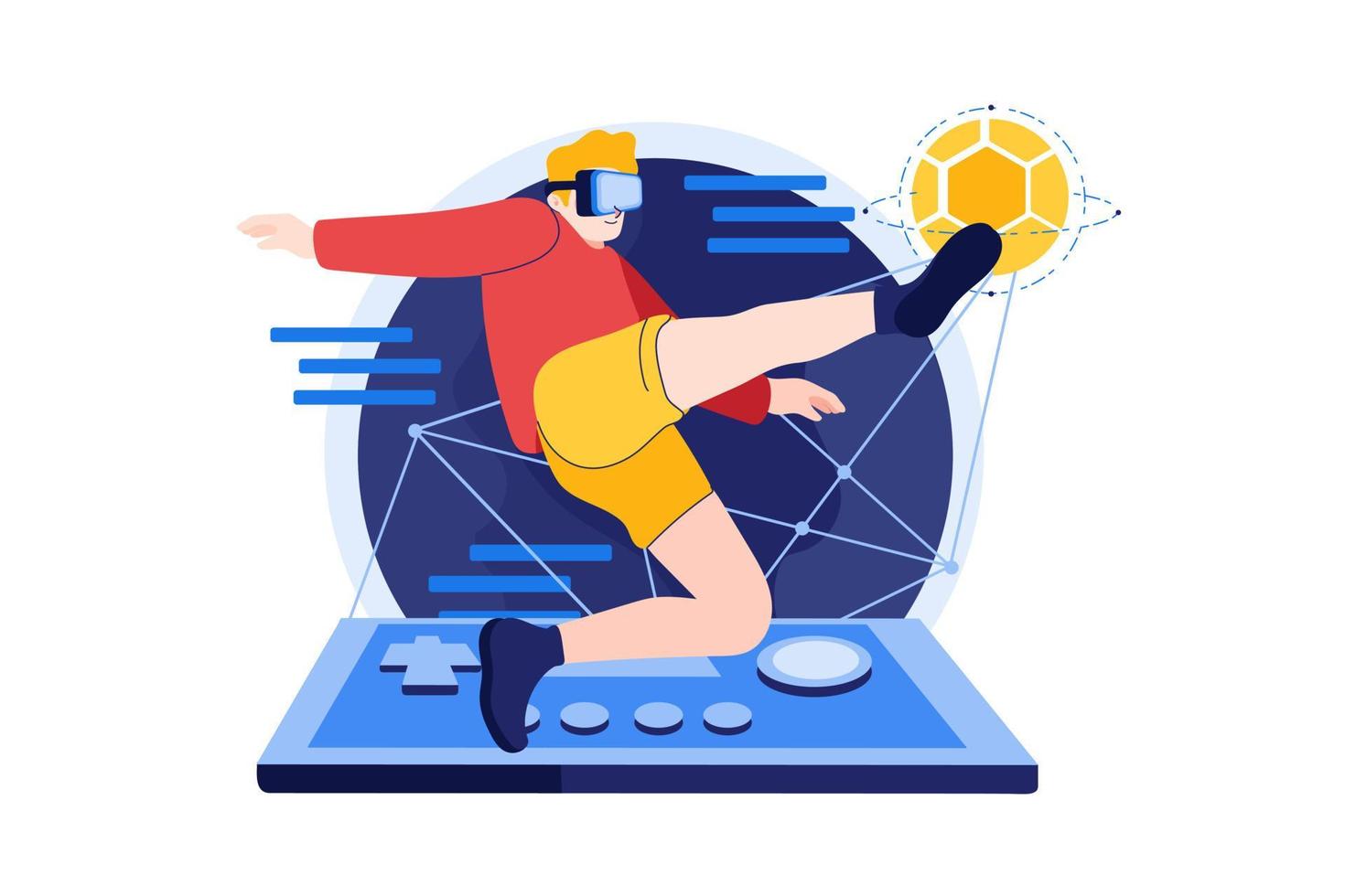 Person with VR headset enjoying an experience of metaverse virtual world Illustration concept. Flat illustration isolated on white background. vector