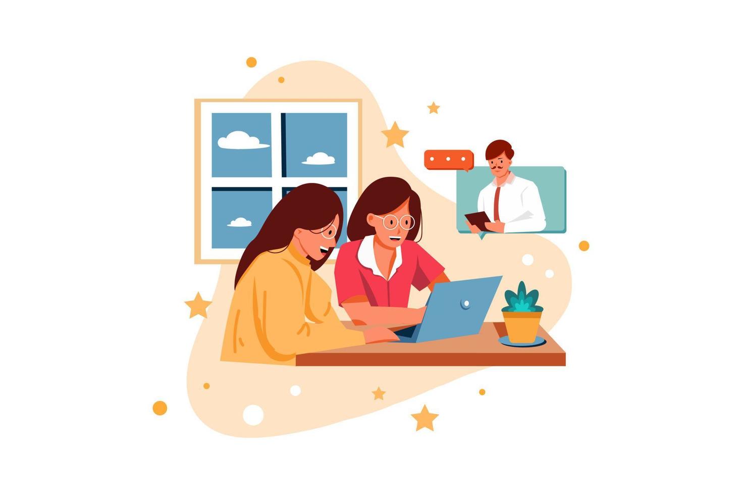 Two women discuss with their boss through the online call Illustration concept. Flat illustration isolated on white background. vector