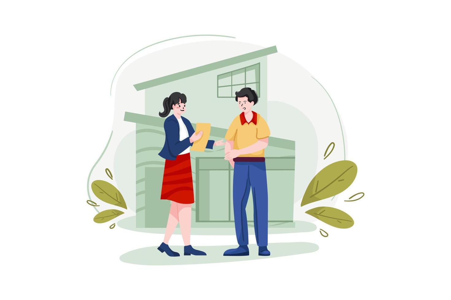 The estate agent is presenting a home loan to the client's Illustration concept. Flat illustration isolated on white background. vector