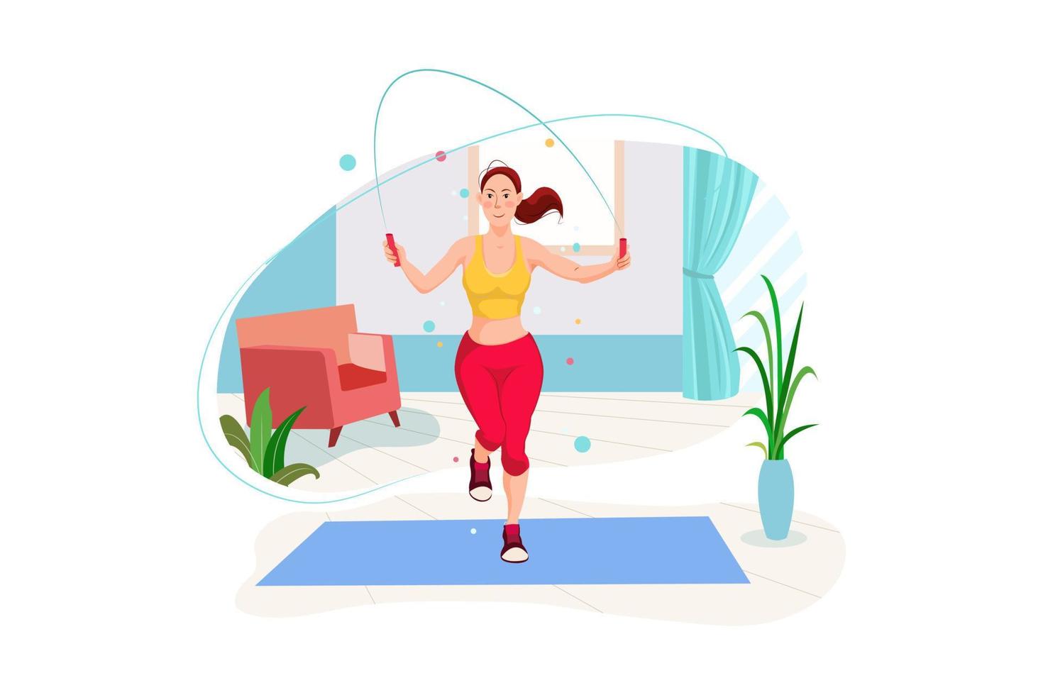 Girl skipping rope in her room Illustration concept. Flat illustration isolated on white background. vector