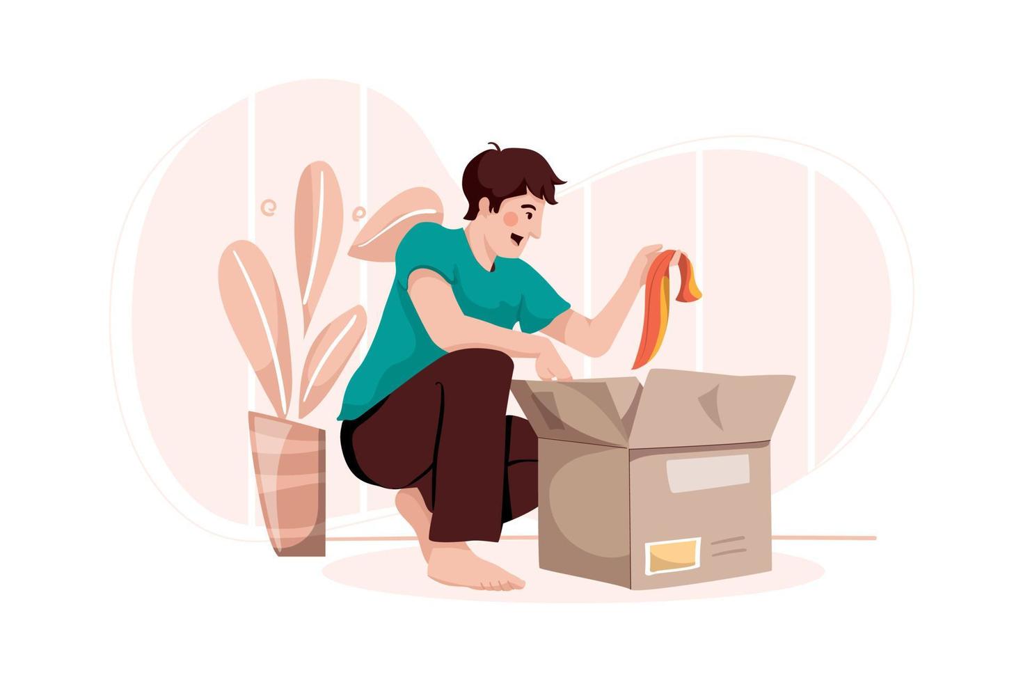 A man unpacking the paper box Illustration concept. Flat illustration isolated on white background. vector