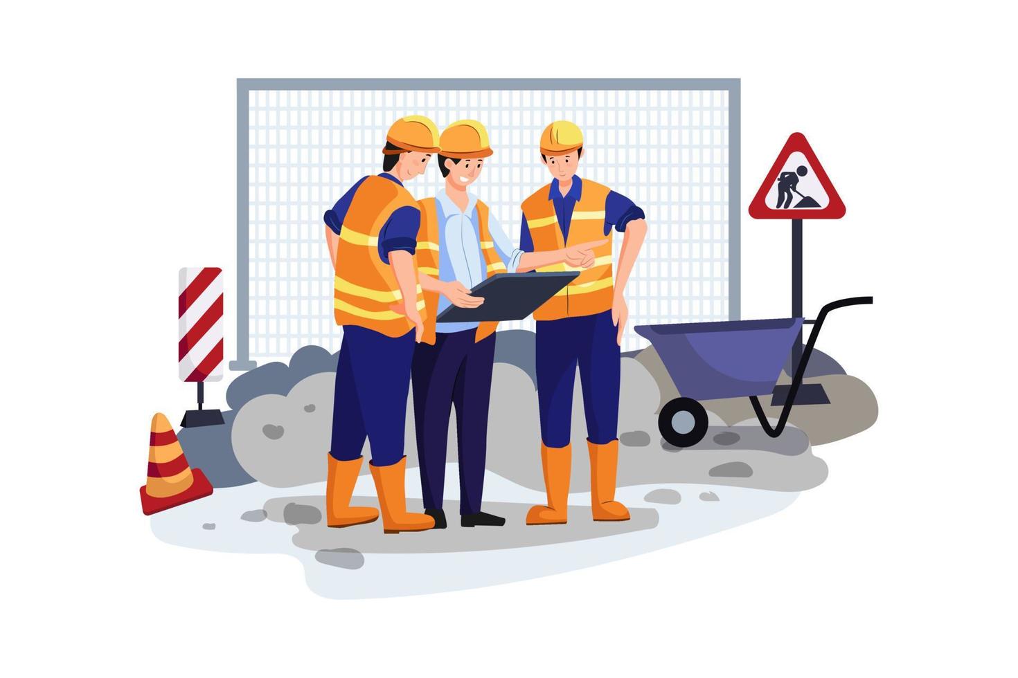 Construction site engineer doing routine standup Illustration concept. Flat illustration isolated on white background. vector
