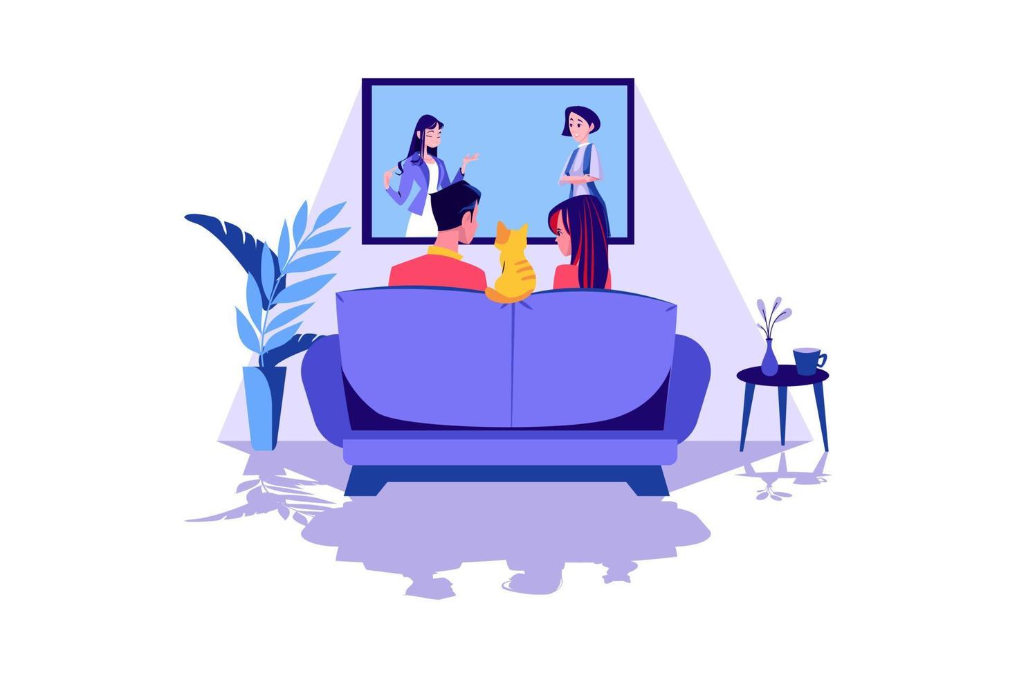 Una pareja viendo la televisión en el concepto de ilustración de la sala de estar. ilustración plana aislada sobre fondo blanco. vector