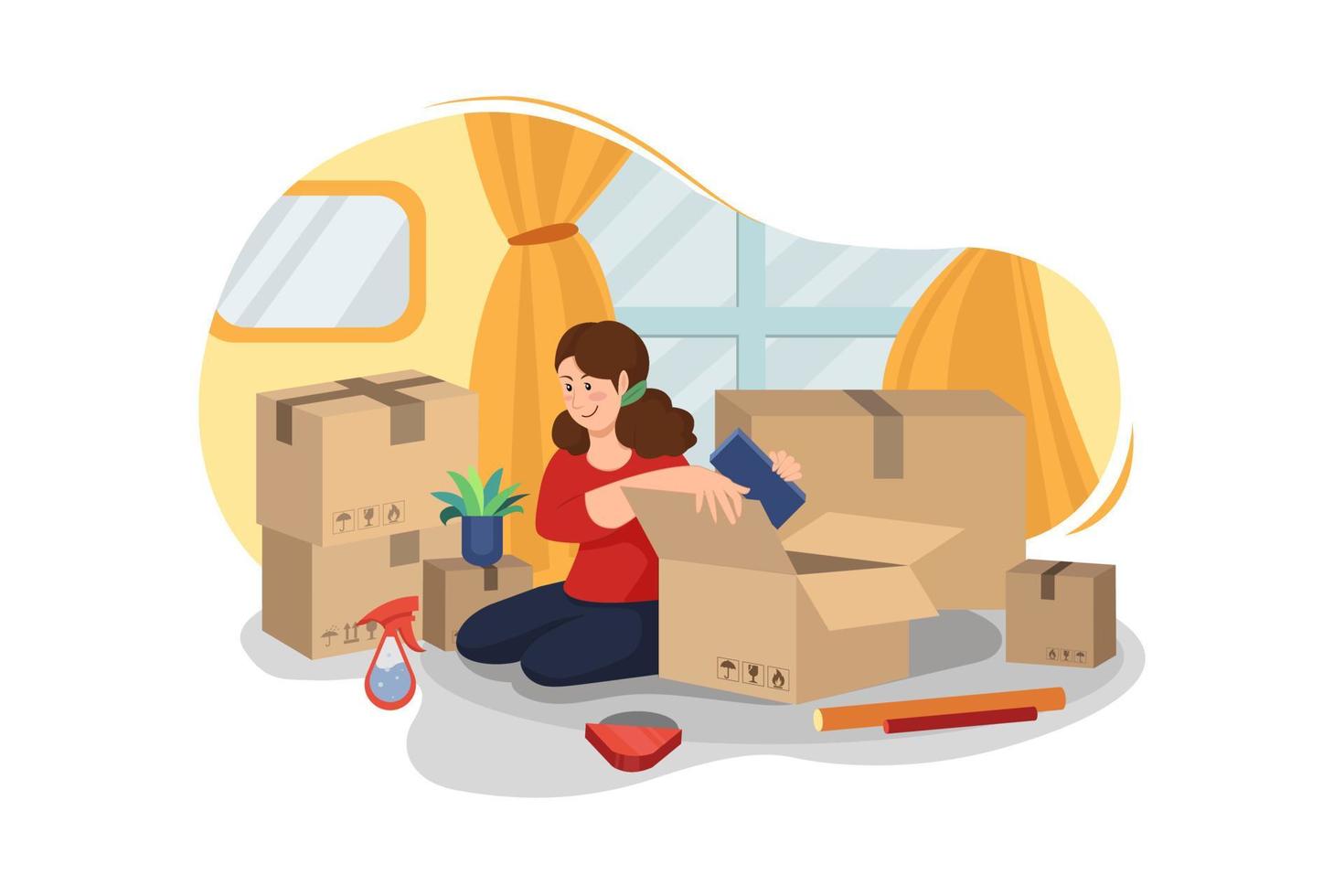 Girl doing the packing for house shifting Illustration concept. Flat illustration isolated on white background. vector