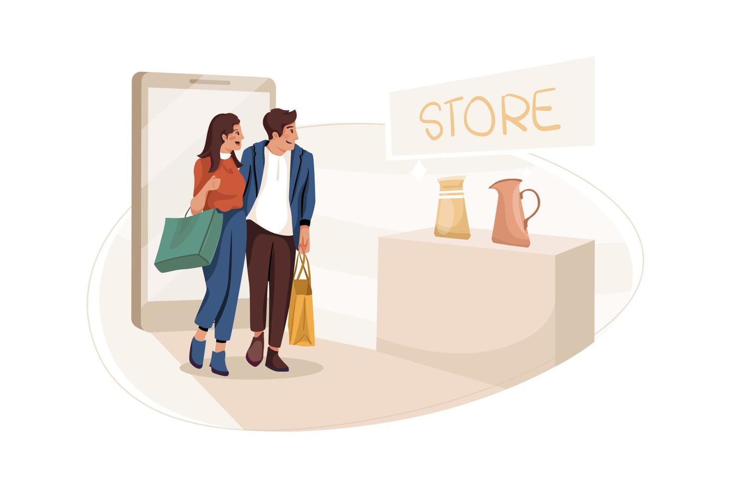 People walking in an online store Illustration concept. Flat illustration isolated on white background. vector