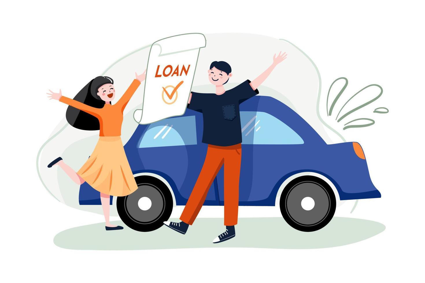 Happy couple with an approved car loan and new modern auto Illustration concept. Flat illustration isolated on white background. vector