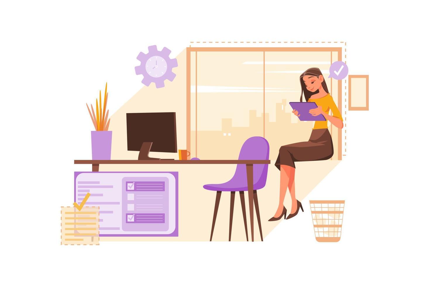 Young happy attractive businesswoman holding the tablet at work in the office Illustration concept. Flat illustration isolated on white background. vector