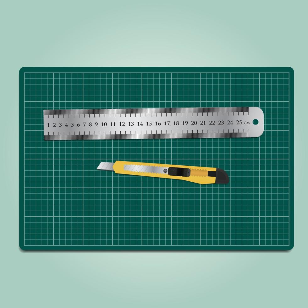 Working equipment ,cutter, ruler and paper on the green cutting mat vector