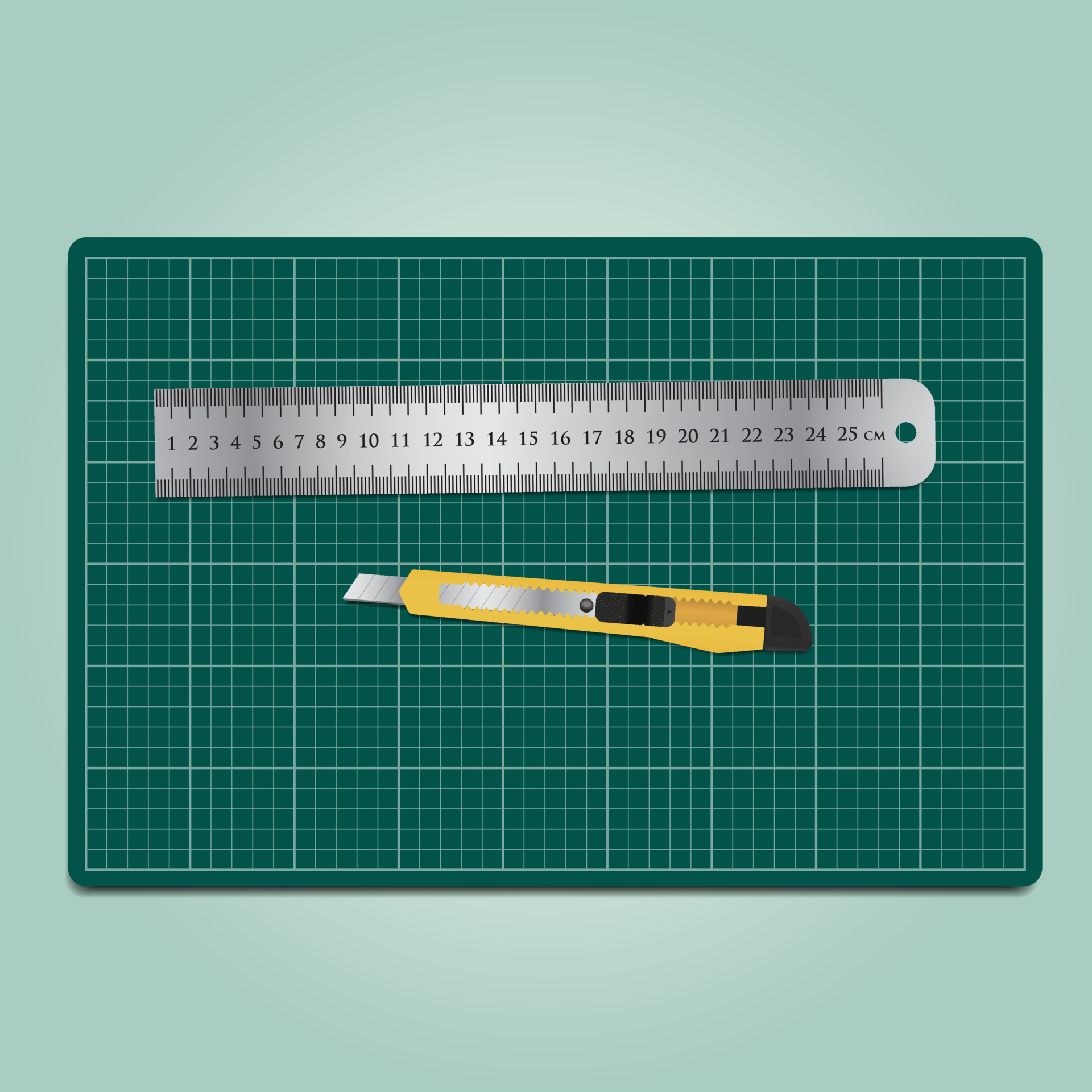 Working equipment ,cutter, ruler and paper on the green cutting mat 5051532 Vector Art at Vecteezy