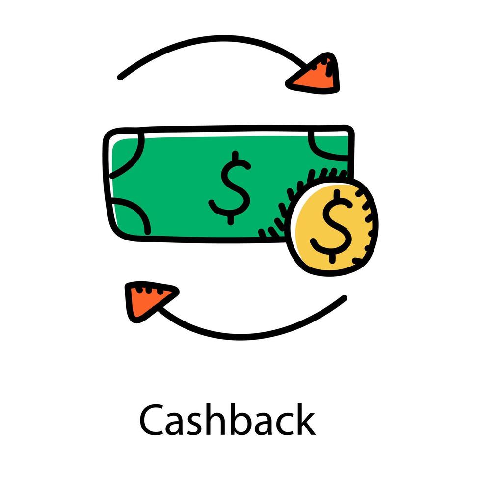 Banknote with reversible arrows doodle style of cashback icon vector