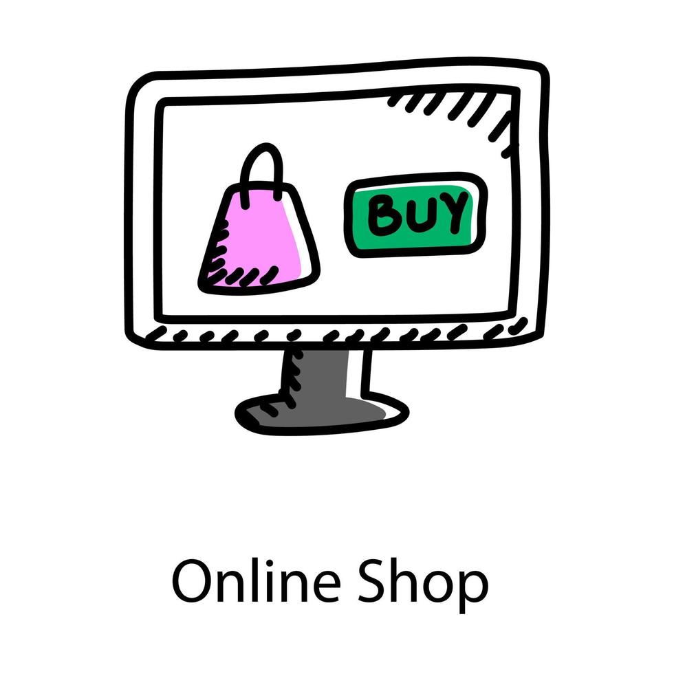 Bolso dentro del monitor que representa el icono de la tienda online vector