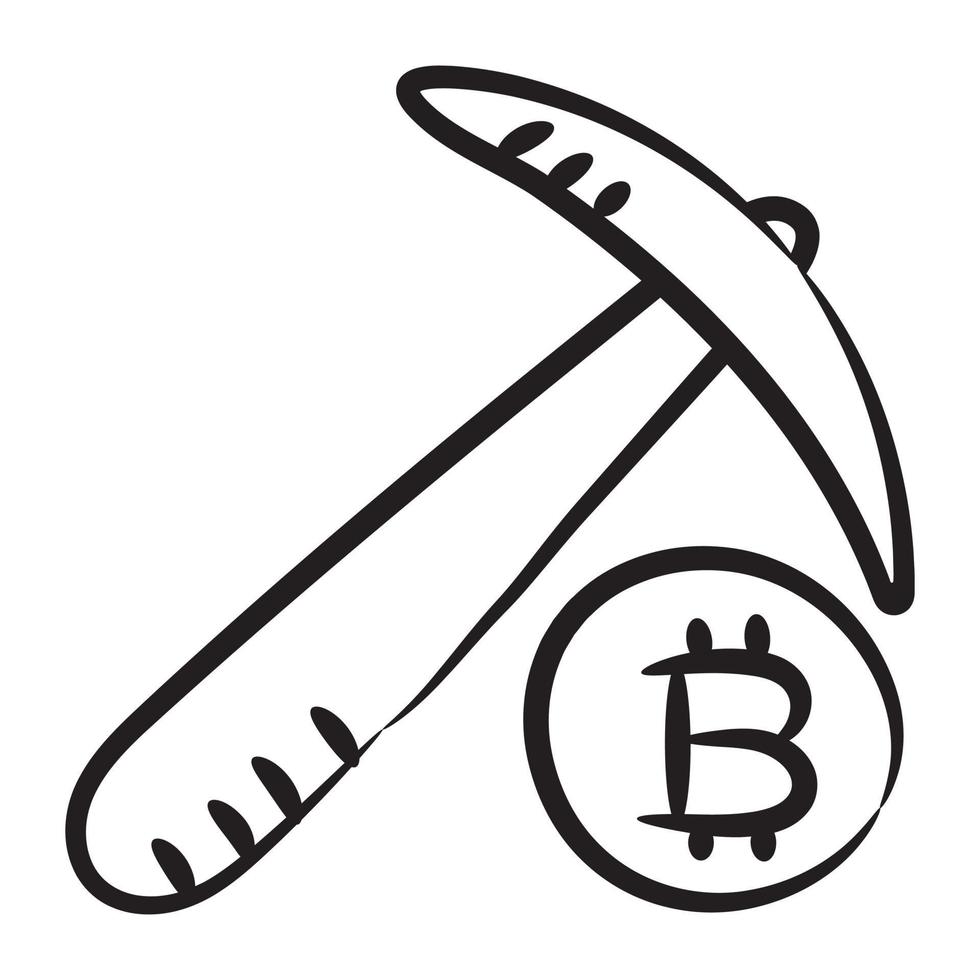 Icon of bitcoin mining in doodle design btc with pickaxe vector