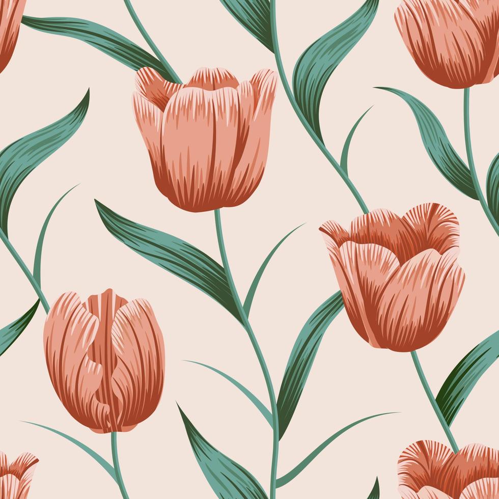 Tulip Flower seamless pattern with leaves. tropical background vector