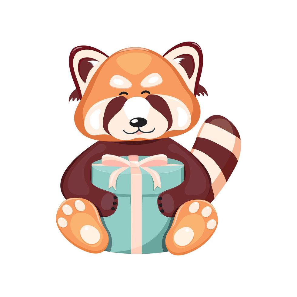 A cute red panda is holding a gift box with a bow in its paws. vector