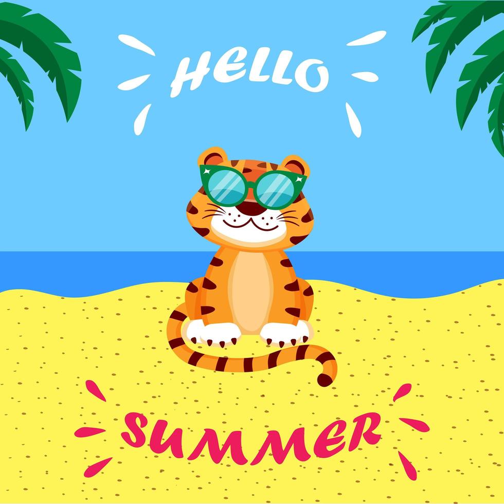 vector ilustración de verano de tigre de dibujos animados en gafas de sol en la playa bajo palmeras.