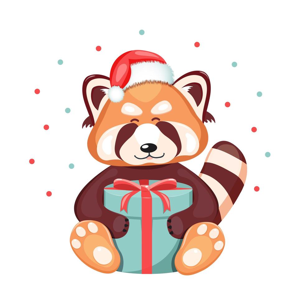 un lindo panda con gorro navideño de santa sostiene una caja de regalo. vector