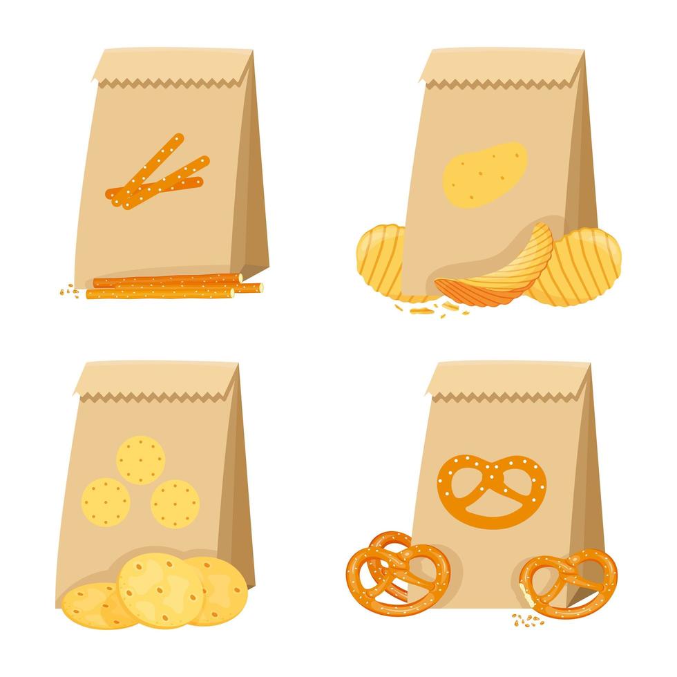 Salty snack in paper bags, pretzel, cracker, straws, chips. vector