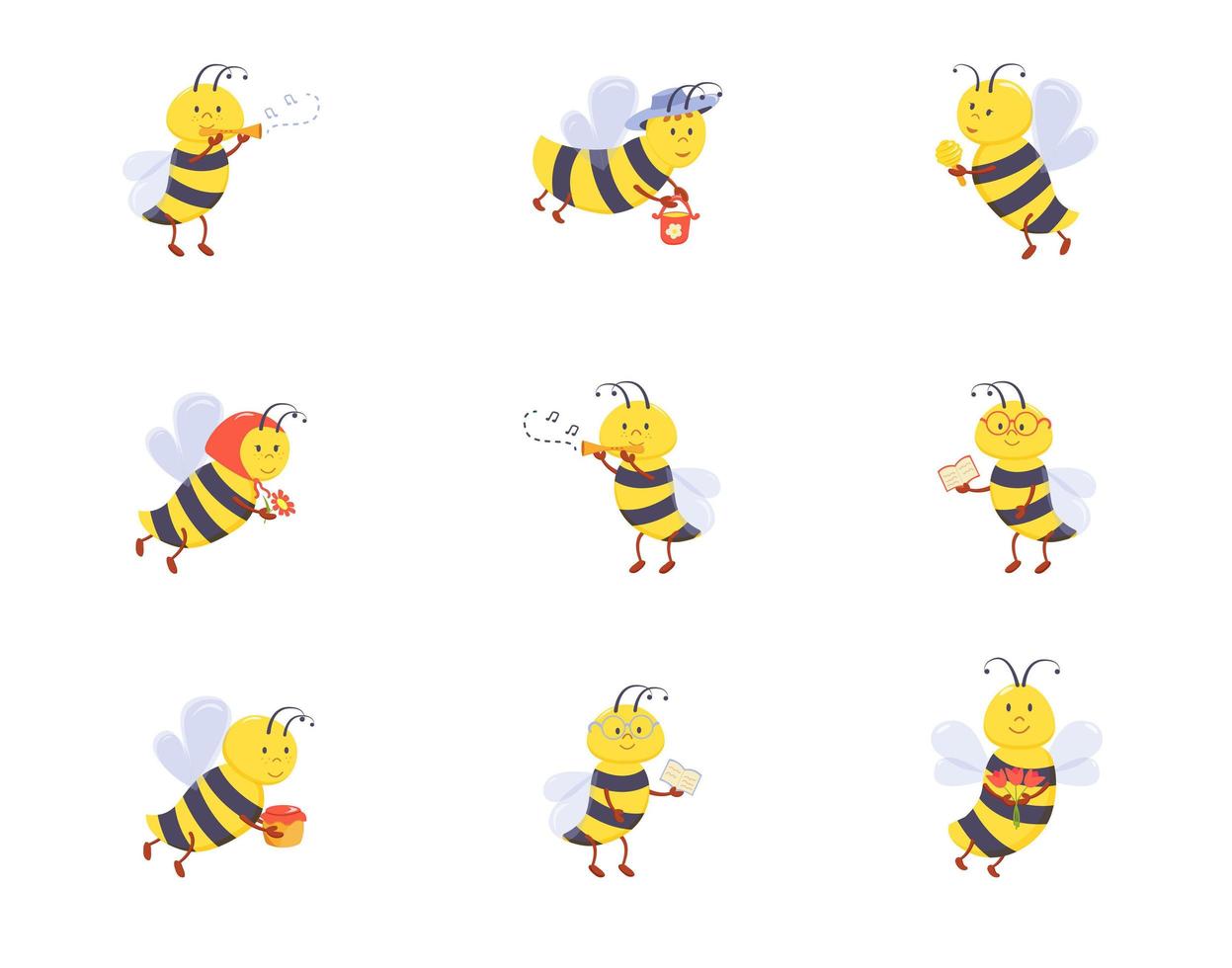 un conjunto de lindas abejas con caras dibujadas en un estilo de dibujos animados, leer, jugar, trabajar. vector