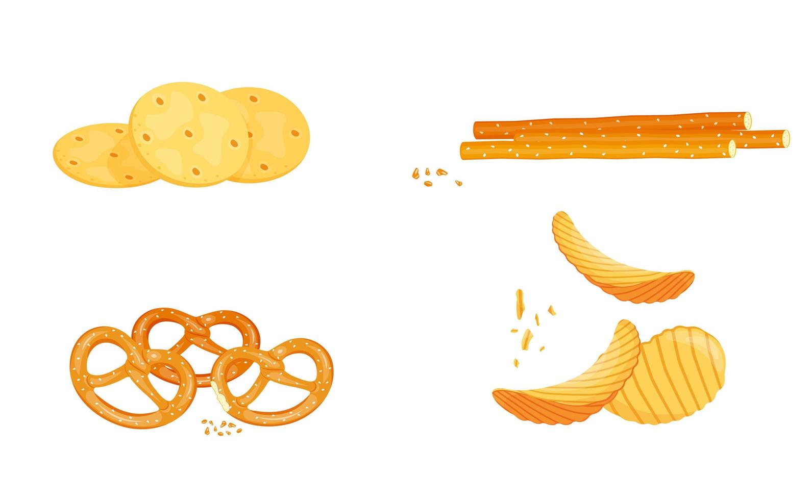 A set of salty snacks, pretzel, potato chips, bread sticks, cracker. vector