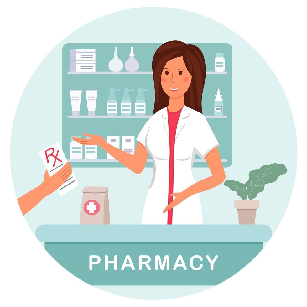 A pharmacist at a pharmacy dispenses a prescription medication to a client. vector