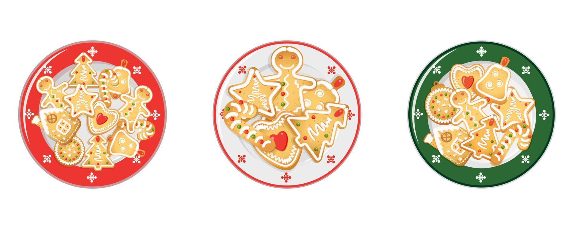 Christmas gingerbread cookies on porcelain platter. View from above. Vector illustration of festive New Year's table setting.