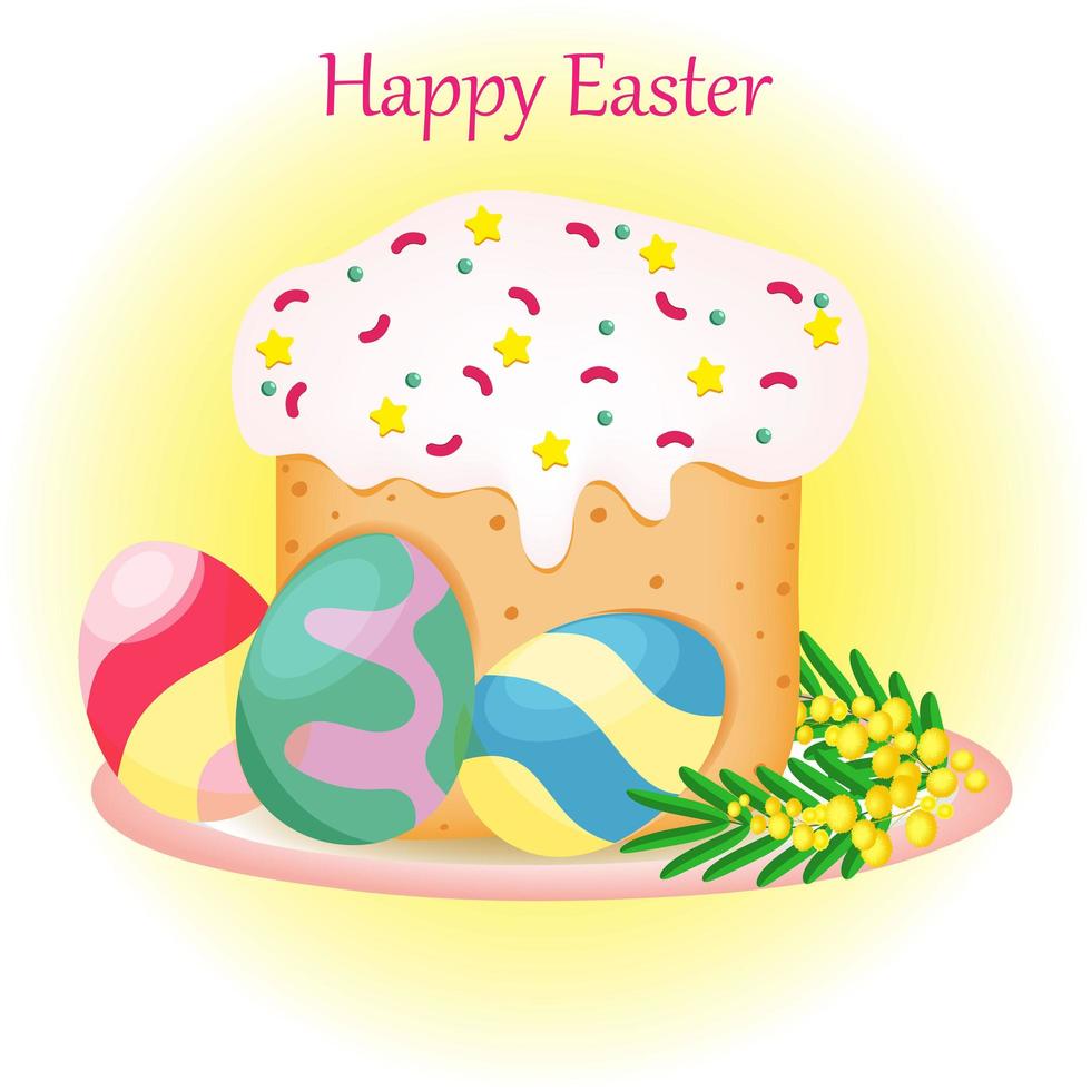 Easter cake with decorated eggs, postcard with text vector