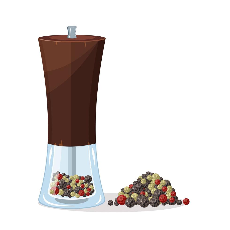 Pepper mill for grinding whole seasoning peas in a cartoon style. vector